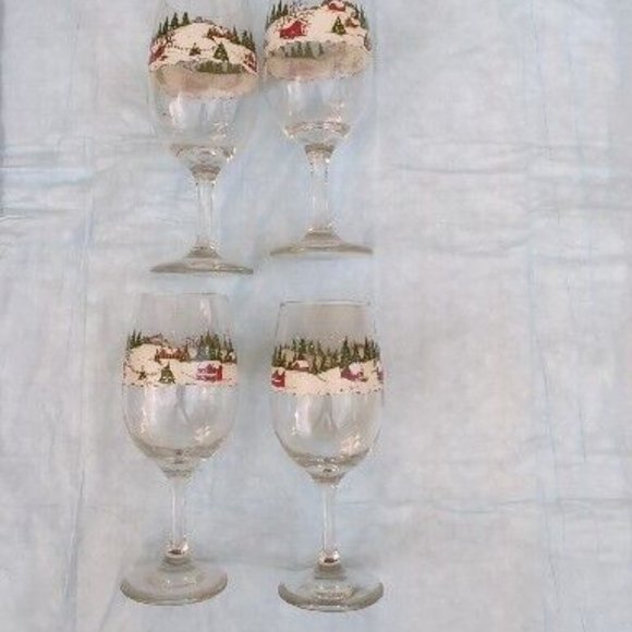 Currier & Ives Christmas Winter Scene Set of 4 Glasses Goblets Water/Wine - Picture 4 of 9